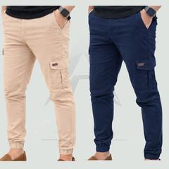 Streachable Beige+Blue Cargo 6 Pocket Trouser #1004